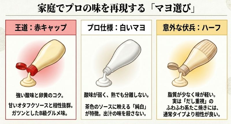 定番の赤キャップ、業務用の白いマヨソース、ハーフタイプの3種類について、それぞれの酸味やコク、熱への耐性を比較したガイドスライド。
