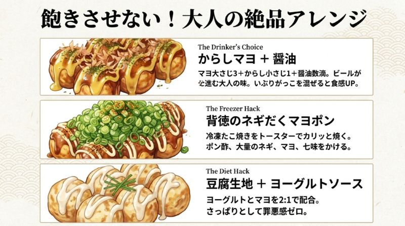 からしマヨ醤油、ネギだくマヨポン、豆腐生地のヨーグルトソースといった、シーンに合わせた3つの絶品アレンジレシピの概要をまとめたスライド。