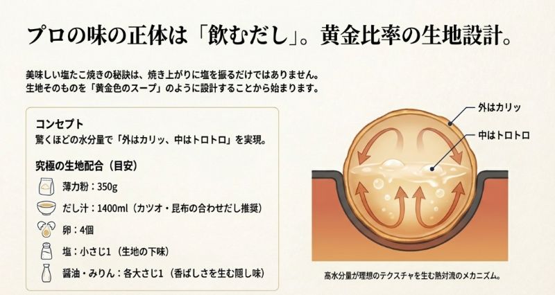 たこ焼き生地の黄金比（粉・だし・卵）と、高水分量によって「外カリ中トロ」を生む内部の熱対流メカニズムの解説図