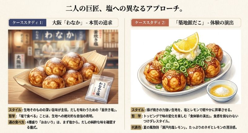 大阪「わなか」の本質追求（釜炊き塩）と「築地銀だこ」の体験演出（塩レモン・つけダレ）のスタイルと哲学の比較表