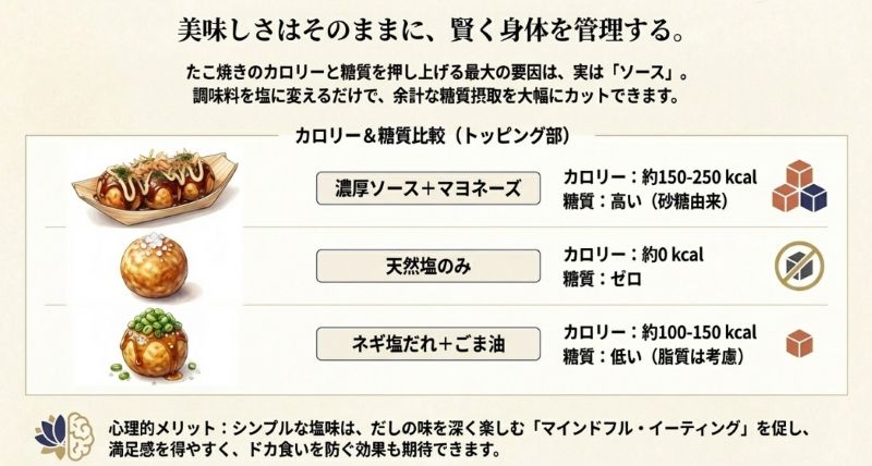 ソース＋マヨ、天然塩、ネギ塩ダレ＋ごま油の3パターンにおけるカロリーと糖質の比較データおよび心理的メリットの解説