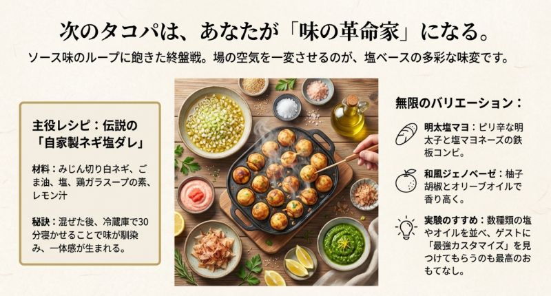 伝説の自家製ネギ塩ダレのレシピと、明太塩マヨや和風ジェノベーゼなど無限のバリエーションを紹介するスライド