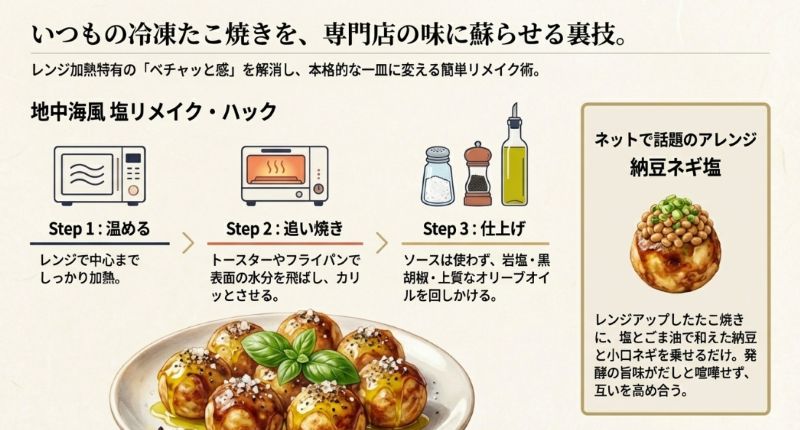 冷凍たこ焼きを「温める→追い焼き→仕上げ（オリーブオイル等）」の3ステップで蘇らせるハックと納豆アレンジの紹介