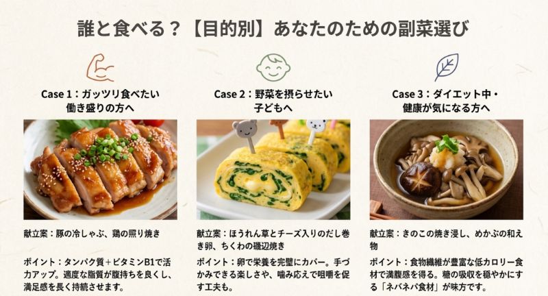 ガッツリ・子ども・ダイエットの3つのケースに合わせた献立案とポイントを解説したスライド