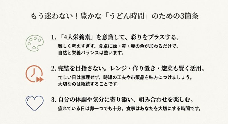 彩り、時短の活用、自分に寄り添うことの3つの大切さをまとめたスライド