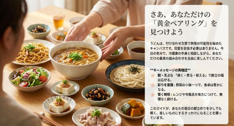 「脱・天ぷら」「彩り意識」「賢く時短」のキーメッセージと、冷蔵庫の中身と相談して自由に楽しもうという結びのメッセージが書かれたスライド 。