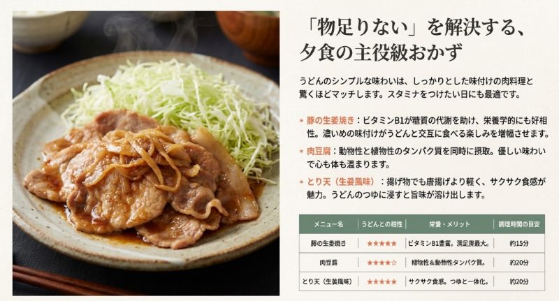 豚の生姜焼き、肉豆腐、とり天の3品について、それぞれの栄養メリットと調理時間をまとめた比較表スライド 。