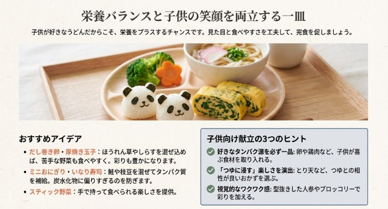 だし巻き卵、ミニおにぎり、スティック野菜などの具体例と、完食を促す3つのヒントが書かれたスライド 。