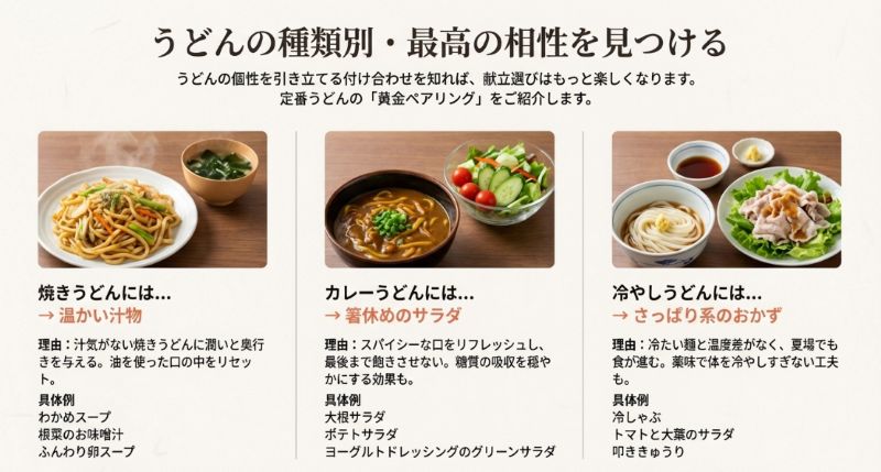 焼きうどんに温かい汁物、カレーうどんにサラダ、冷やしうどんにさっぱりおかずを推奨する理由と具体例をまとめたスライド 。