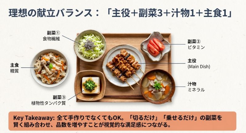 主役、副菜3、汁物、主食をバランスよく配置した、定食形式の焼き鳥献立の黄金比を示す写真と解説。