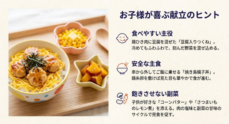 豆腐入りつくね、焼き鳥親子丼、コーンバターなど、子供が食べやすく飽きないための献立ヒントをまとめたスライド。
