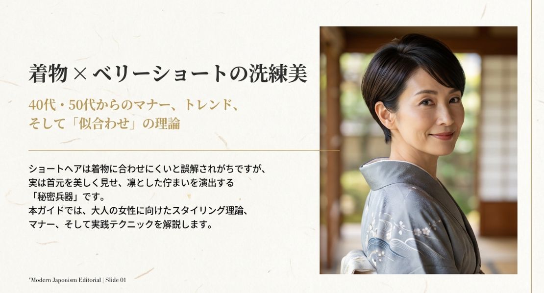 着物とベリーショートの粋な着こなし！40代からのマナーと髪飾り