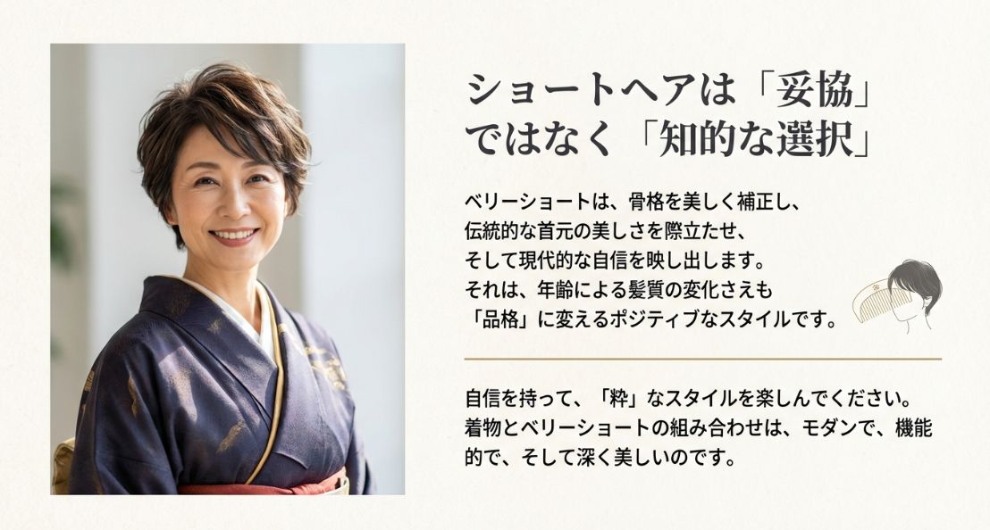 笑顔で着物を着こなす年配の女性の写真。「ショートヘアは『妥協』ではなく『知的な選択』」というメッセージが添えられている。
