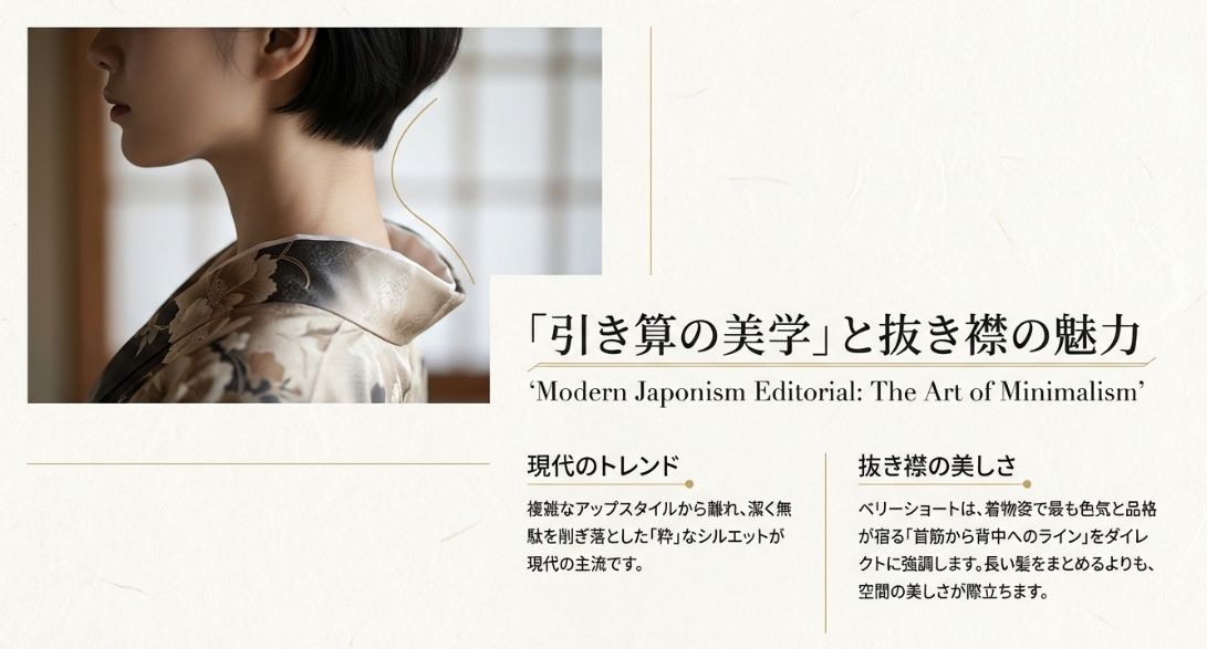 着物の襟を抜いた（後ろに下げた）女性のうなじのアップ。ベリーショートによって首筋から背中へのラインが強調されている様子。