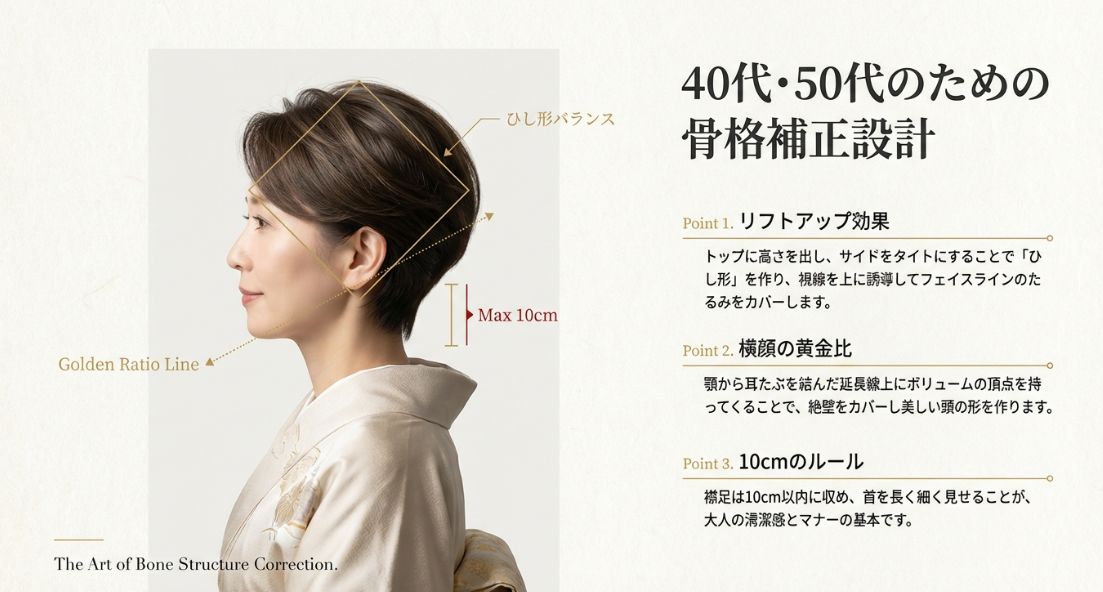 女性の横顔に「ひし形バランス」「横顔の黄金比」「襟足10cmのルール」などの補助線と解説が書き込まれた図解。