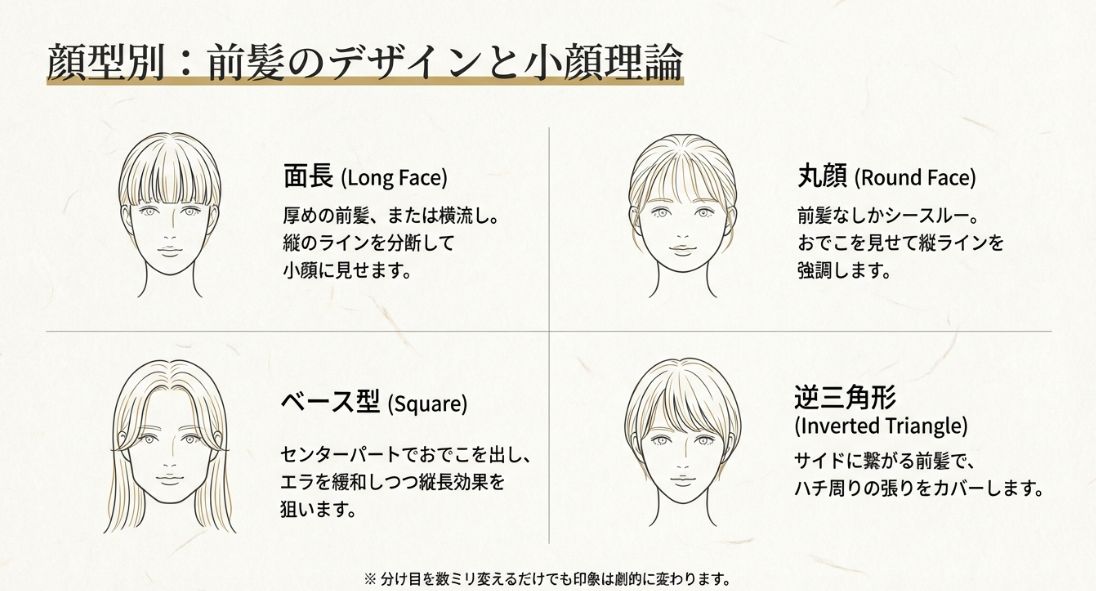 面長、丸顔、ベース型、逆三角形の4つの顔型に合わせた前髪のスタイリングを示すイラスト集。