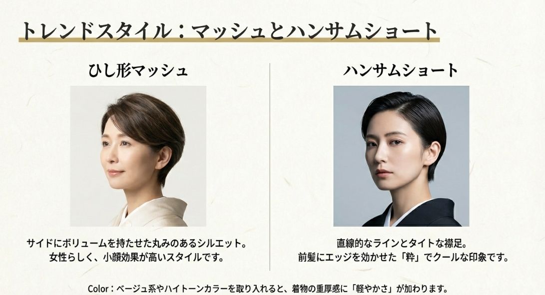 「ひし形マッシュ」と「ハンサムショート」の2種類のヘアスタイルの比較写真。マッシュは女性らしく、ハンサムショートはクールな印象。