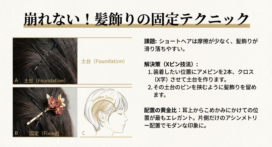 アメピンを2本クロスさせた土台の作り方と、そこに髪飾りを固定した状態、および耳上の「ゴールデンゾーン」を示すイラスト図解。