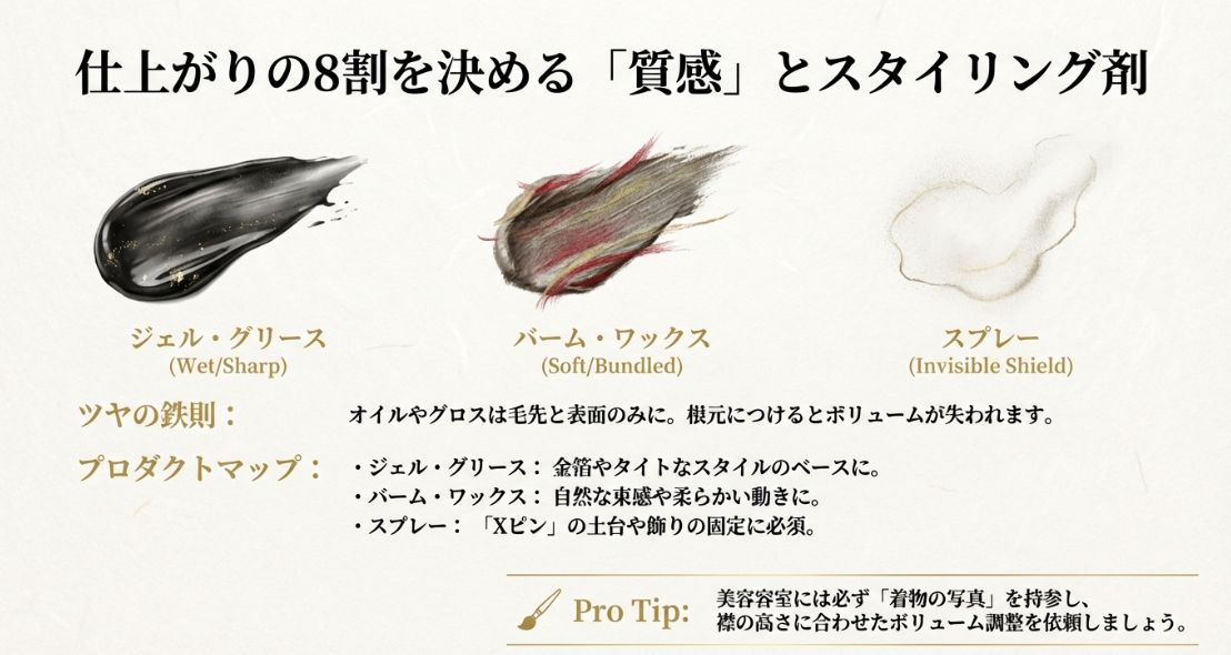 ジェル、バーム、スプレーの特性と、ツヤを出す位置についての「ツヤの鉄則」を解説したスライド。