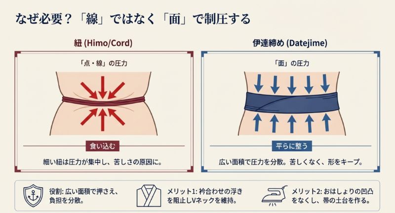 細い紐は「点・線」で圧力が集中し食い込むが、幅広の伊達締めは「面」で圧力を分散し、平らに整えることを比較した図解。