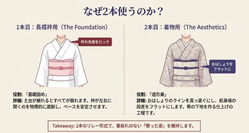 1本目は長襦袢用で「基礎固め(衿の角度ロック)」、2本目は着物用で「造形美(おはしょりをフラットにする)」という役割の違いを説明するイラスト。