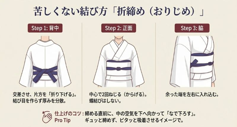 背中で交差させ片方を折り下げるステップ、中心で2回ねじるステップ、端を入れ込むステップを3枚のイラストで解説した手順図。