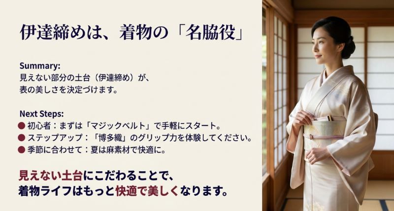 着姿の美しさを決定づける見えない土台としてのまとめと、初心者からステップアップまでの具体的なアドバイスを記したスライド。