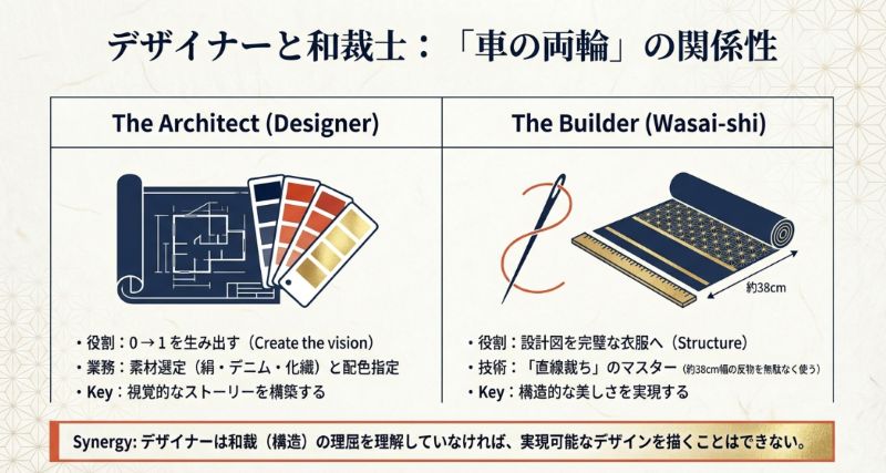 0から1を生む「デザイナー(設計者)」と、約38cm幅の反物から服を構築する「和裁士(構築者)」の役割分担を比較したイラスト。