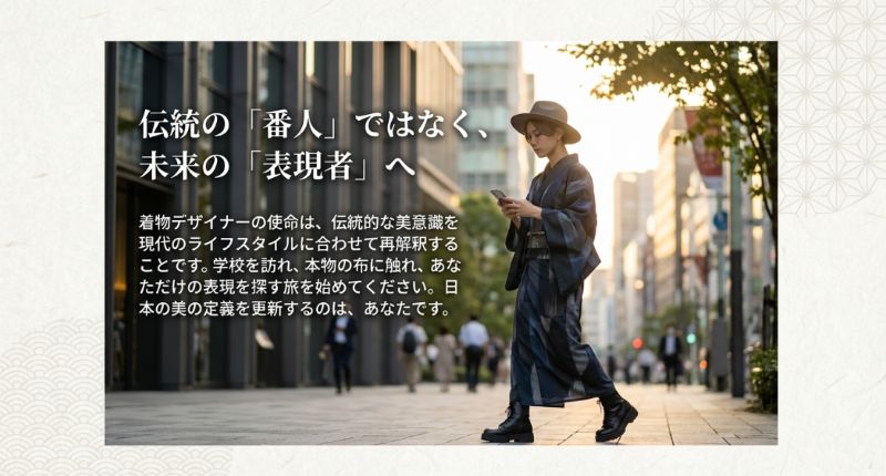 「伝統の番人ではなく、未来の表現者へ」というメッセージが添えられた、日本の美を更新する意志を表現したクロージングスライド。