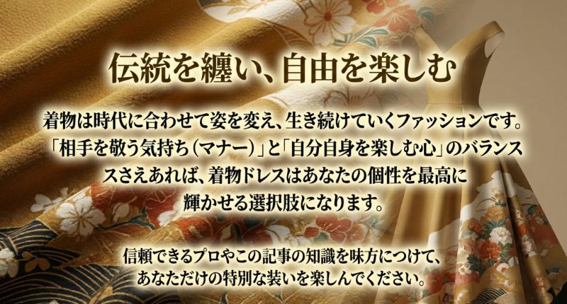 伝統を纏いながら自由な感性で着物ドレスを楽しむことを提案するメッセージスライド。