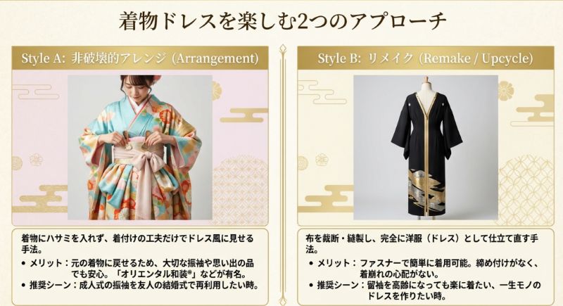 非破壊的アレンジ(着付け)とリメイク(アップサイクル)の違いを比較した図。それぞれのメリットと推奨シーンの解説。