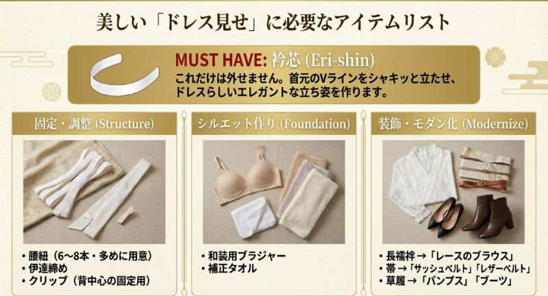 衿芯、腰紐、和装用ブラジャー、サッシュベルト、パンプスなど、美しいドレス姿を作るために必要な小物類の紹介。