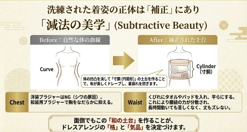 体の曲線をタオルの補正で円筒形(寸胴)に整えるBefore Afterの図解。シワを防ぎドレープを美しく見せるための土台作り。