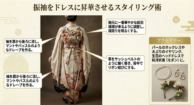 振袖の袖をマントのように後ろに流し、帯をサッシュベルトのように結んだバックスタイルの実例画像。