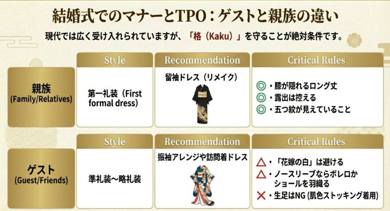 親族(留袖ドレス)とゲスト(振袖アレンジ)の格の違い、ロング丈や露出制限などの具体的なマナー違反チェックリスト。