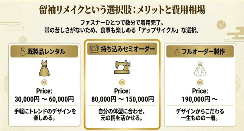 既製品レンタル、セミオーダー、フルオーダーの価格帯とそれぞれの特徴をまとめた比較図。