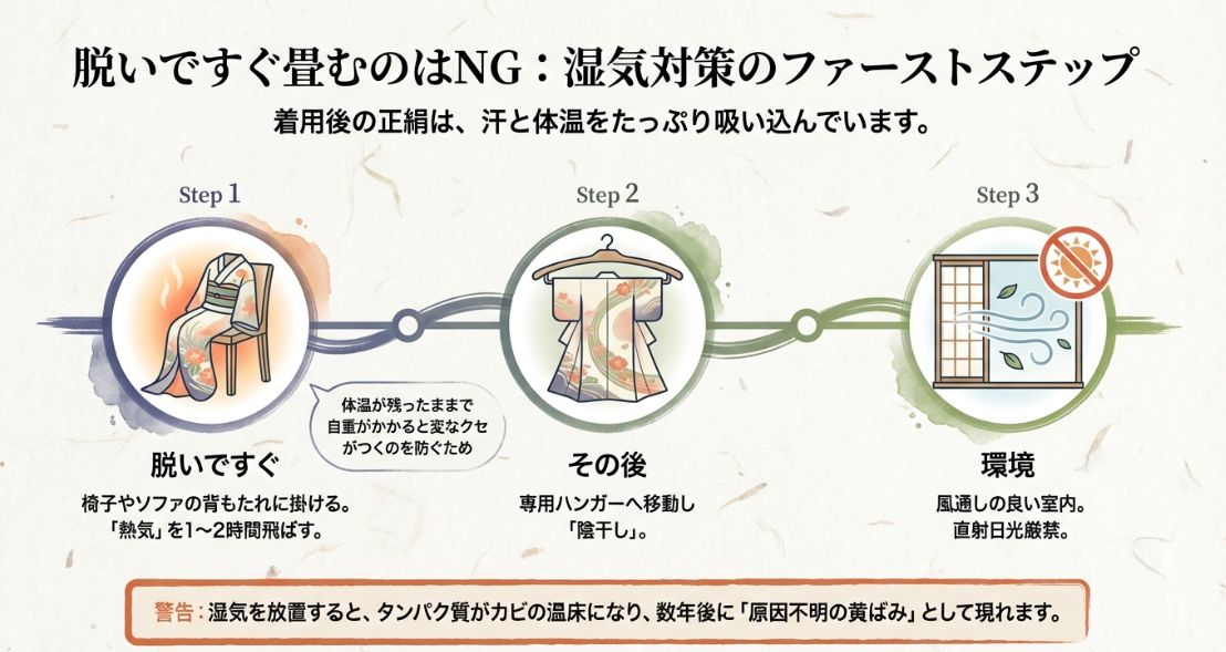 脱いだ直後の椅子掛けから専用ハンガーへの移動、陰干しの手順を解説した図解スライド