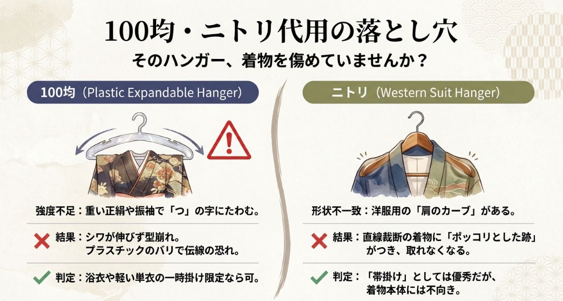 プラスチック製ハンガーの強度不足や洋服用のカーブによる型崩れのリスクを警告する比較図