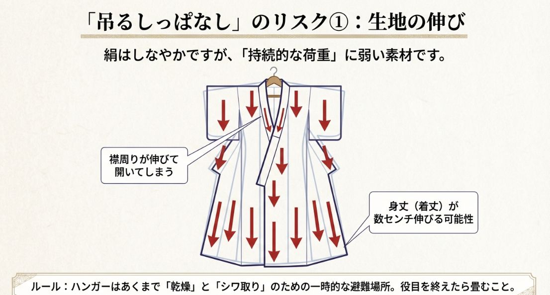 ハンガーに吊るし続けることで襟周りが開き、身丈が数センチ伸びるリスクを図示したイラスト