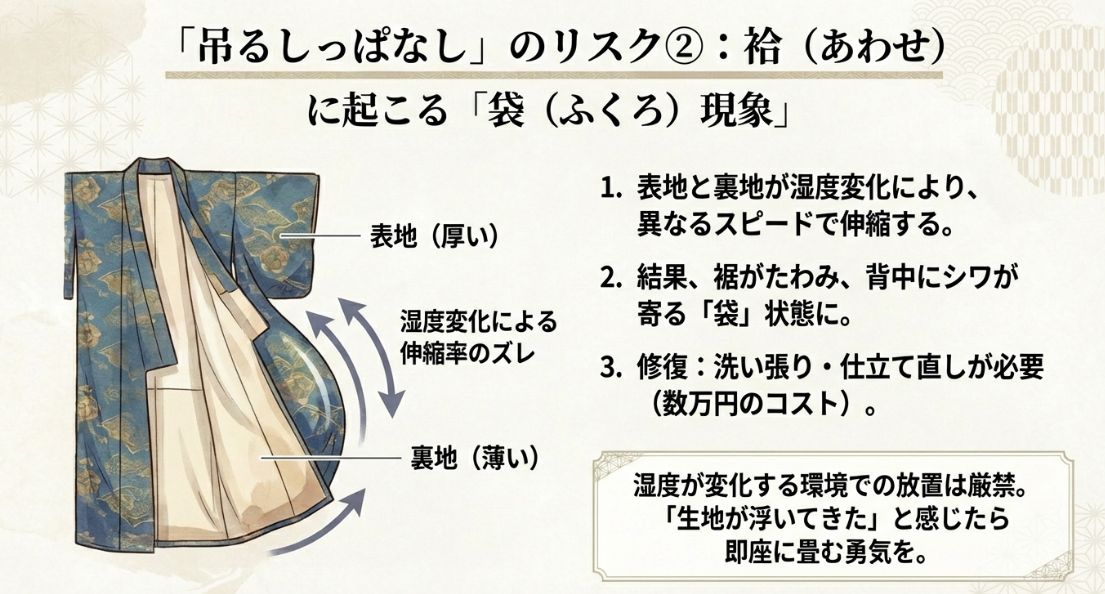 表地と裏地の伸縮率のズレにより裾がたわんでしまう現象と、その修復コストを説明した図