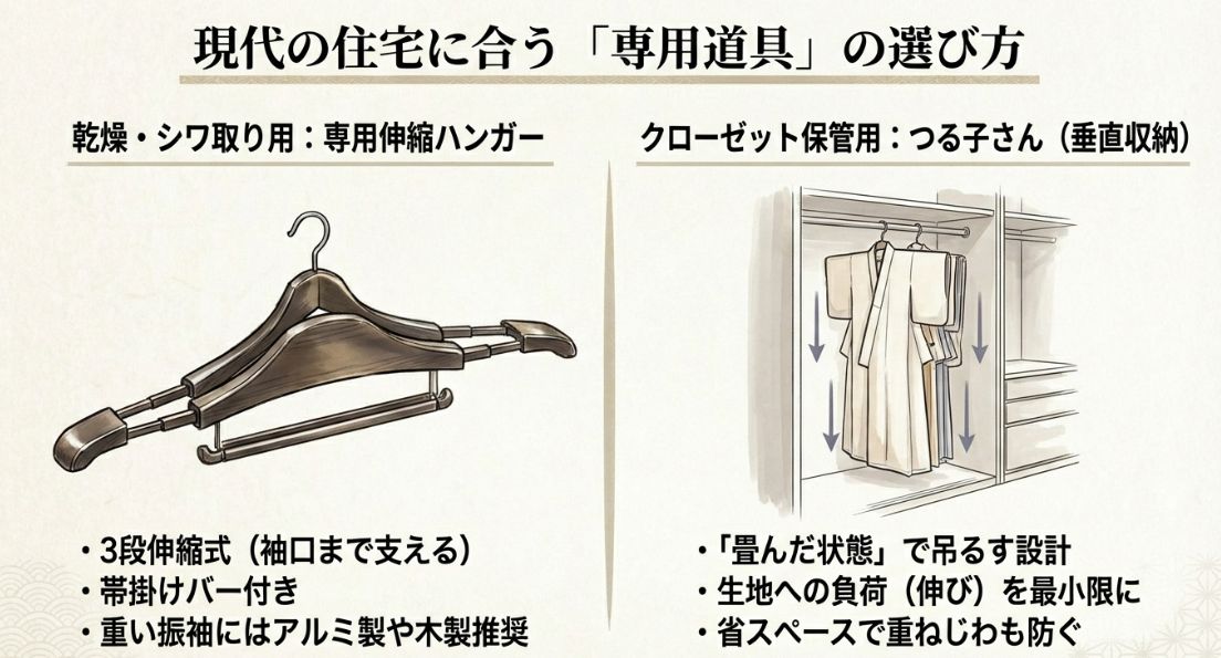 メンテナンス用の伸縮ハンガーと、クローゼット保管用の「つる子さん」の特徴を比較した図