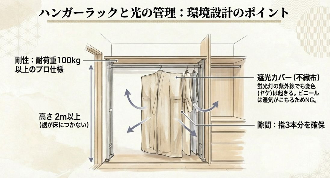 耐荷重100kg以上、高さ2m以上、遮光カバーの使用など環境設計のポイントをまとめた図