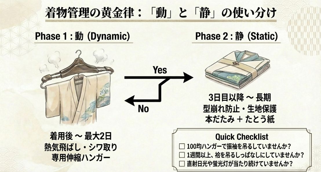 着用後2日目までの「動(ハンガー)」と3日目以降の「静(本だたみ)」の切り替えを促す表