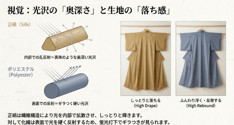 正絹は内部で乱反射し真珠のような光沢としっとりした落ち感がある一方、ポリエステルは表面で反射しギラつきがあり反発する性質があることを示す比較図。