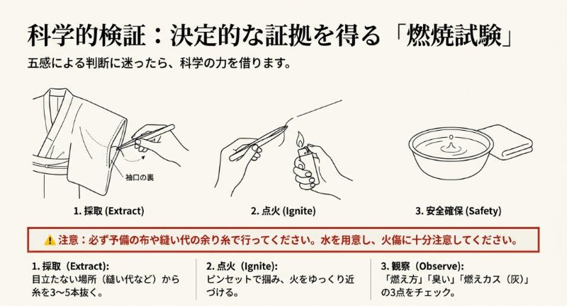 糸の採取、点火、安全確保の3ステップを図解し、燃え方・臭い・灰の状態をチェックする燃焼試験のやり方の説明。