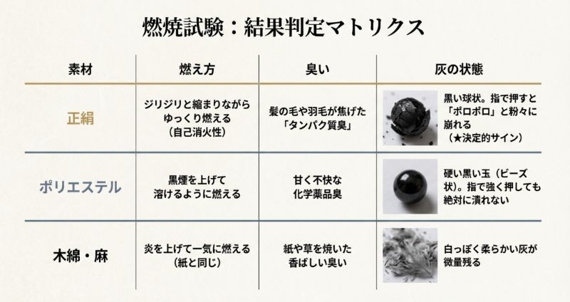 正絹、ポリエステル、木綿・麻の燃え方、臭い、灰の状態を比較した判定表。正絹はタンパク質臭がし、灰がポロポロと崩れるのが特徴。