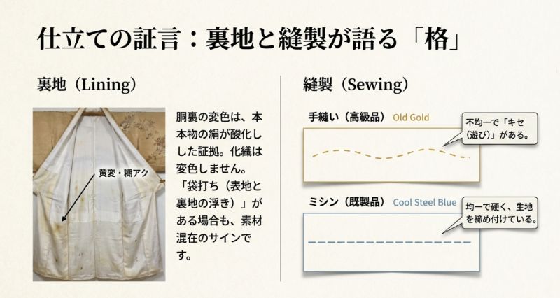 本物の絹が酸化して変色した胴裏の例と、手縫いとミシン縫いの見分け方を解説するスライド。