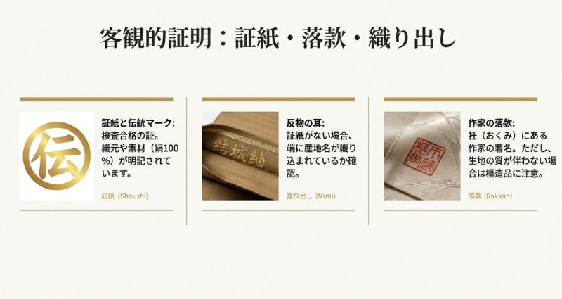 産地や素材を証明する証紙、伝統マーク、反物の端（耳）の織り出し、作家の落款の例を示す画像。