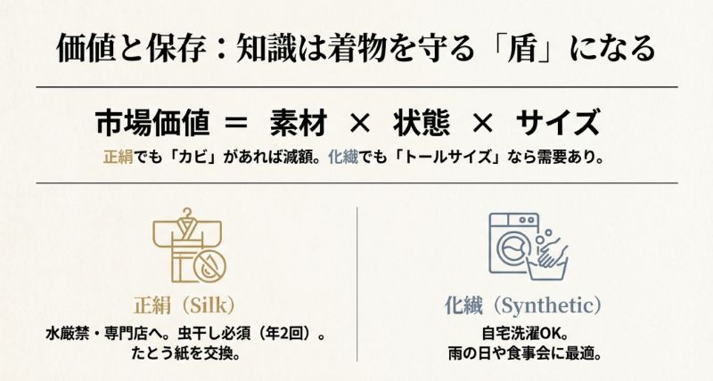 正絹と化繊のお手入れ方法の違いと、市場価値が素材・状態・サイズで決まることを説明するスライド。