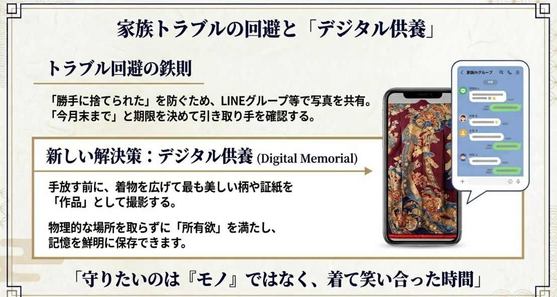 LINEグループでの写真共有による意思確認と、スマホで「作品」として写真を残すデジタル供養の具体例
